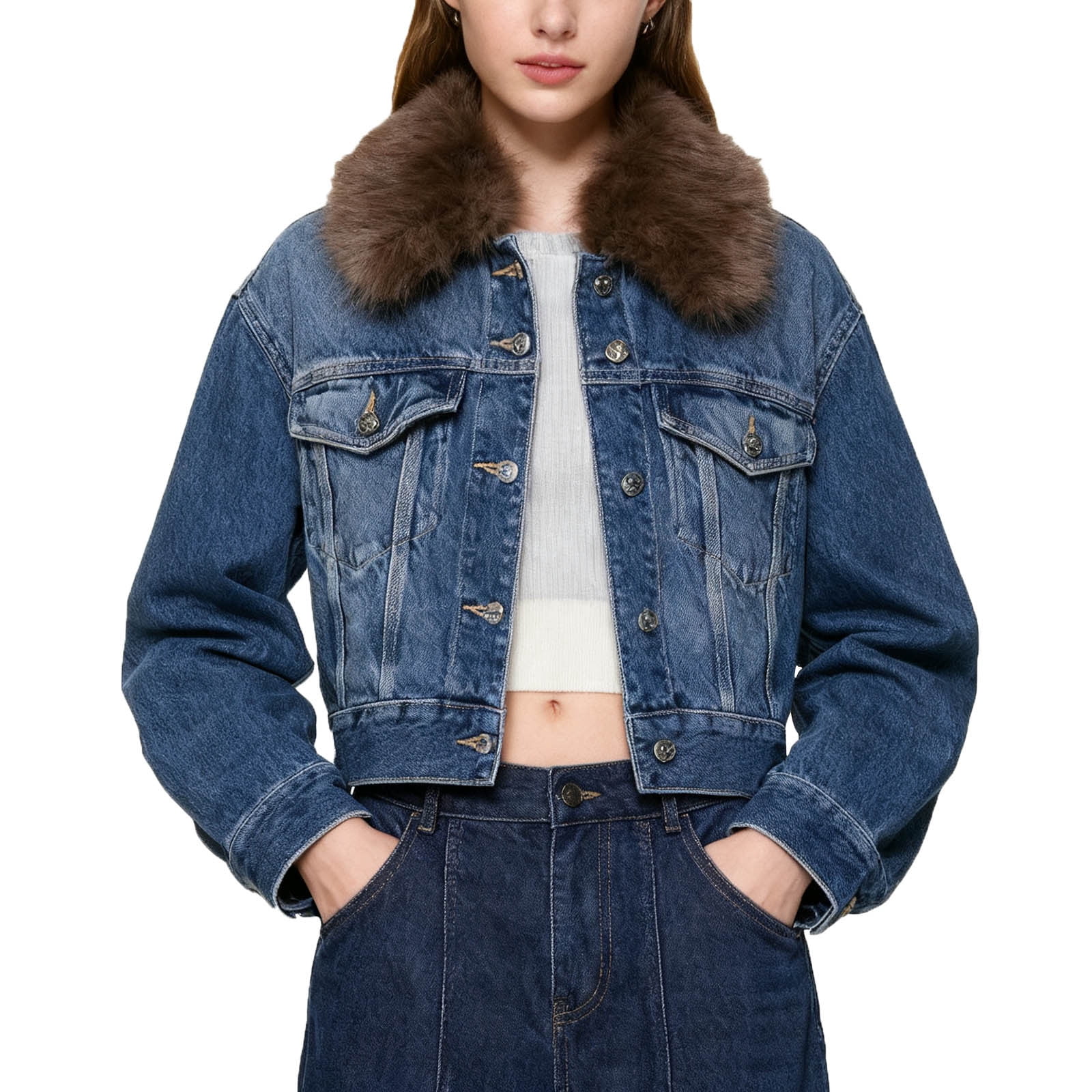 Oksale Cropped Jean Jacket for Women Faux Fur Collar Button Denim Jacket with Pockets Loose Long Sleeve Outerwear Streetwear Fashion Clothing Blue L