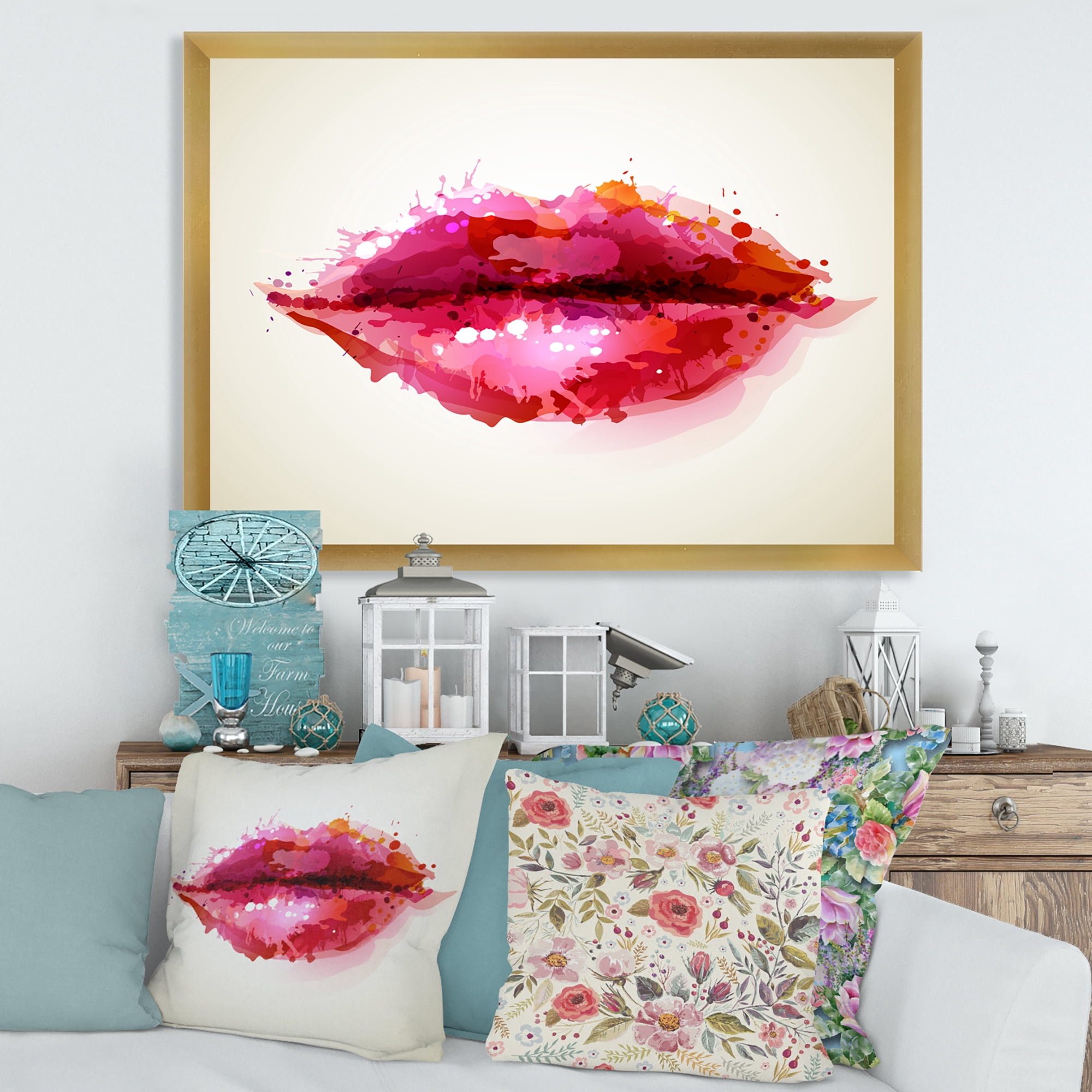 Designart 'Red Girl Lips Formed By Abstract Blots' Modern Framed Art Print