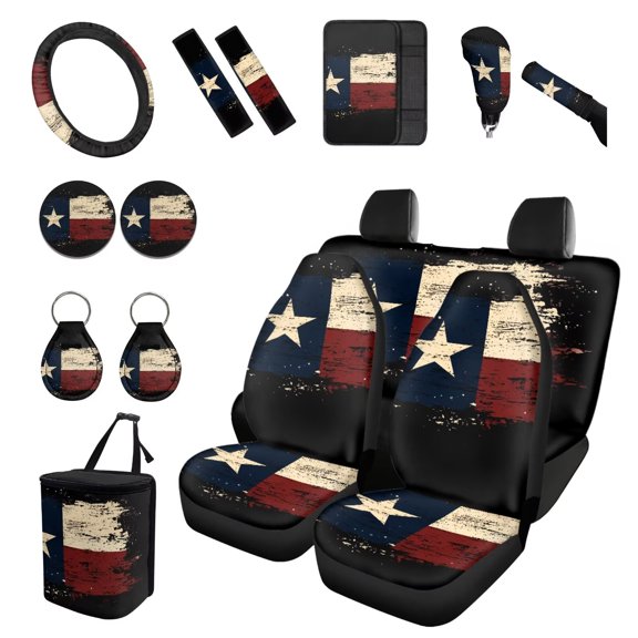 Eheartsgir Texas Flag Car Seat Cover Set 14 Pack Slip-Resistant Vehicle Front Back Seats Cushions Sets with Armrest Mat, Gear Shift Pad Automotive Interior Accessories