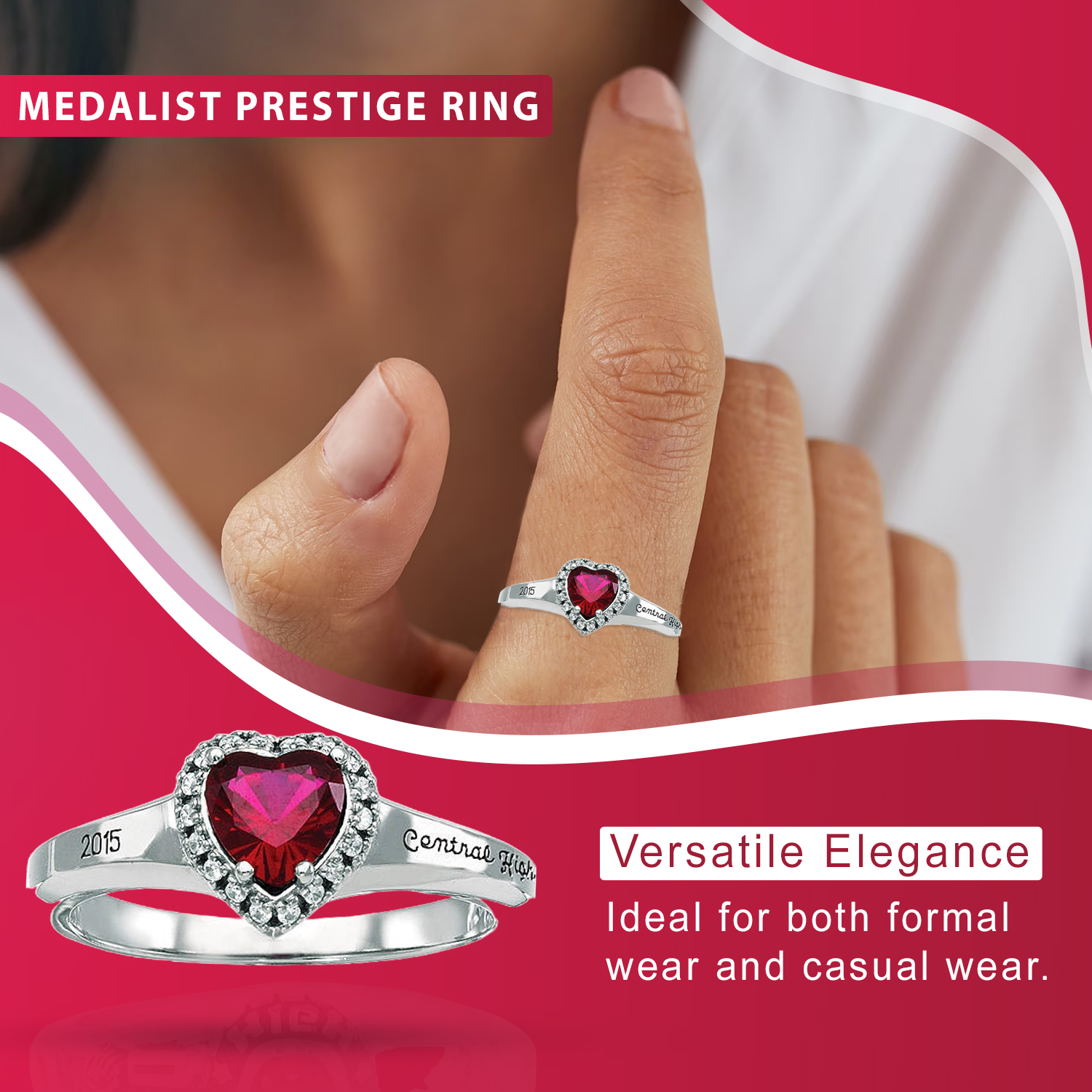 Personalized Women's Square Fashion Class Ring?available in Valadium, Silver Plus and Yellow and White Gold