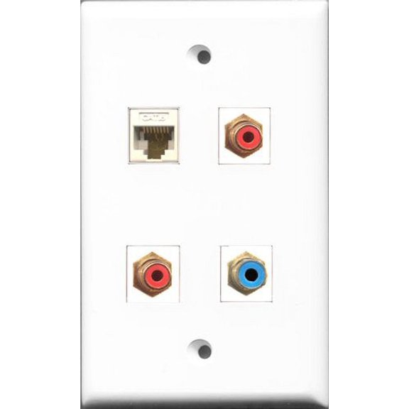 RiteAV - 2 Port RCA Red and 1 Port RCA Blue and 1 Port Cat6 Ethernet White Wall Plate
