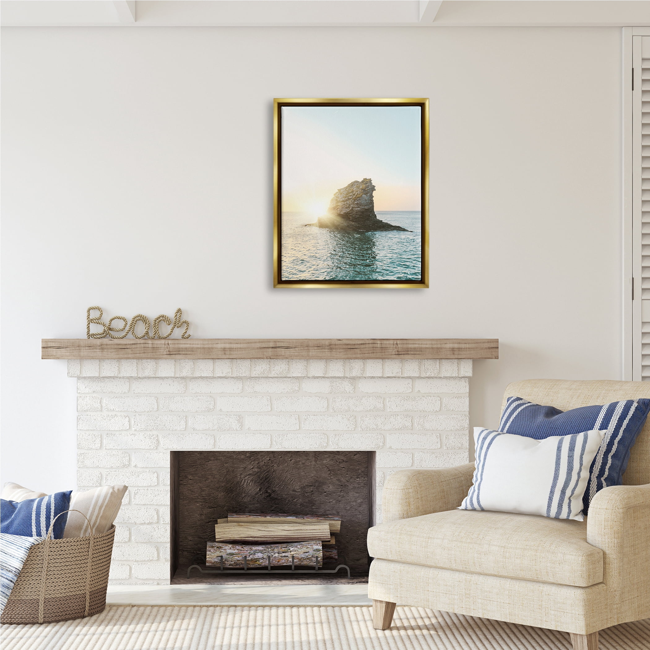 Stupell Industries Ocean Rock at Sunset Nature Photography Gold Floater Framed Art Print Wall Art, 25 x 31