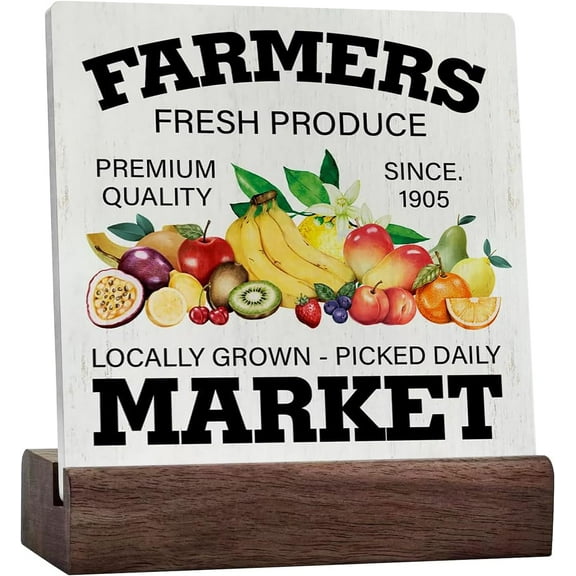 Farmers Market Farmhouse Sign Decor Summer Fresh Fruit Ceramic Table Sign Decoration For Home Kitchen Desk Shelf Square Wood Block