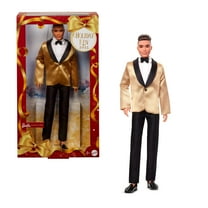 Barbie Signature 2025 Holiday Light Brown Hair Ken Collectible Fashion Doll wearing Full Suit with Golden Jacket