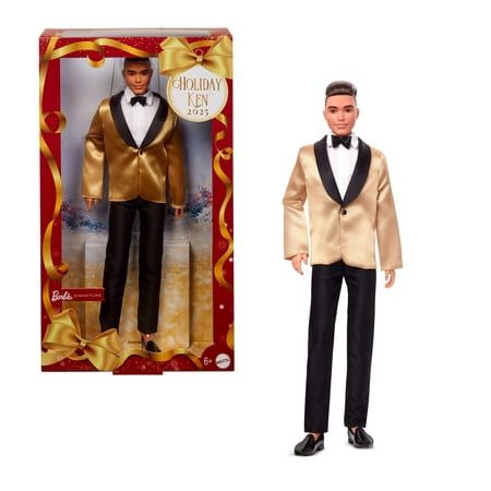 Barbie Signature 2025 Holiday Light Brown Hair Ken Collectible Fashion Doll wearing Full Suit with Golden Jacket