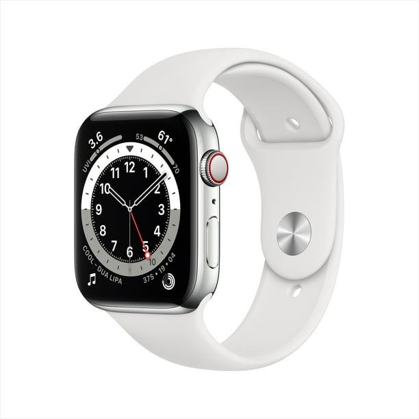 Apple Watch Series 6 GPS + Cellular, 44mm Silver Stainless Steel Case with  White Sport Band - Regular