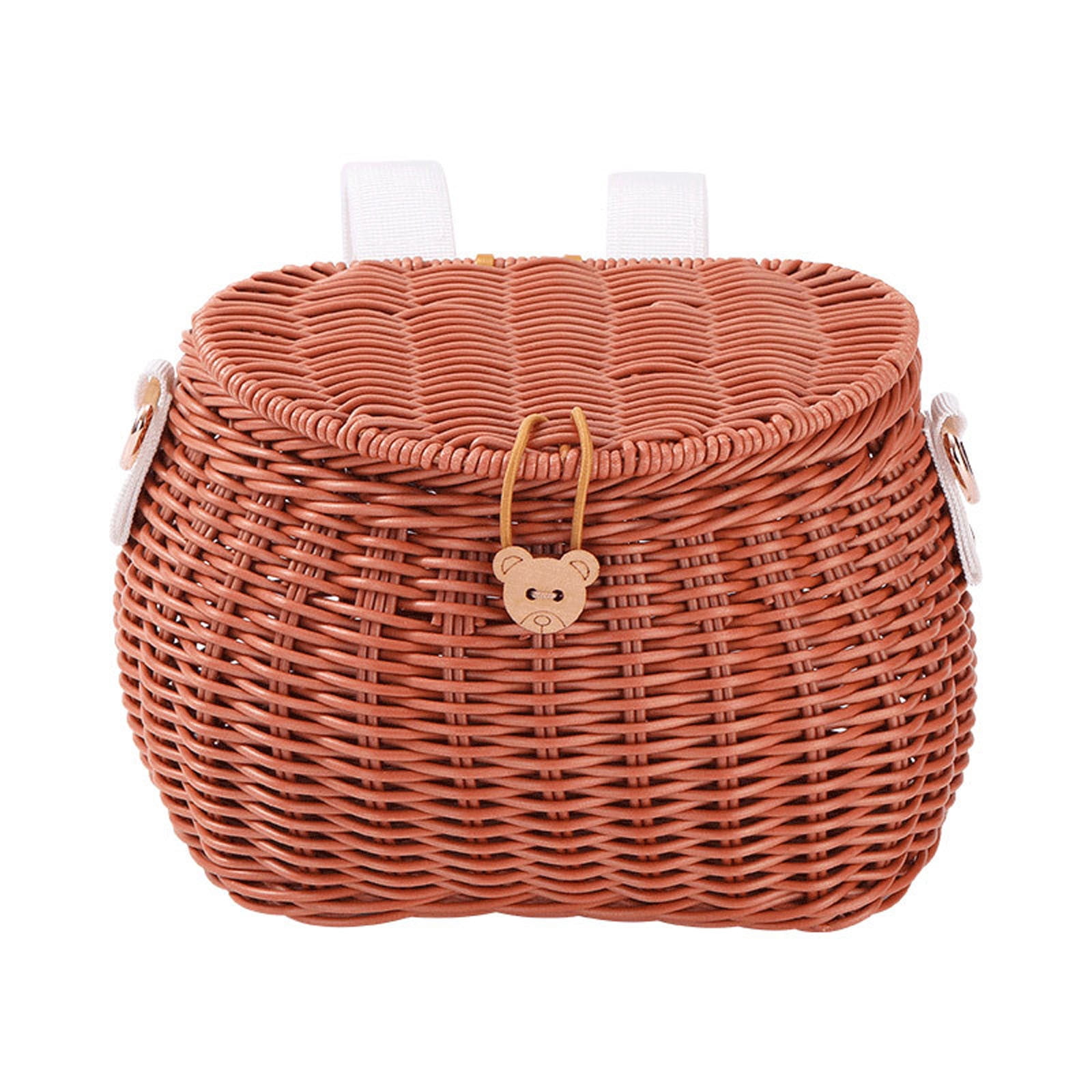 YIGOUMY-19cm PP Woven Bike Basket with Lid, Brown Bear Design Front Basket for Bicycle, Det Storage Basket with Strap for Scooter (Brown-A)