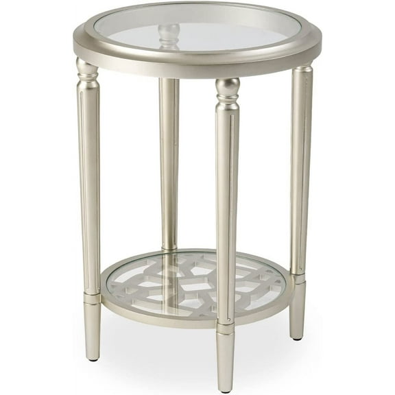 Modern Round Side Table, Champagne Tempered Glass Table, 2-Tier Storage End Table for Living Room, Bedroom, Office