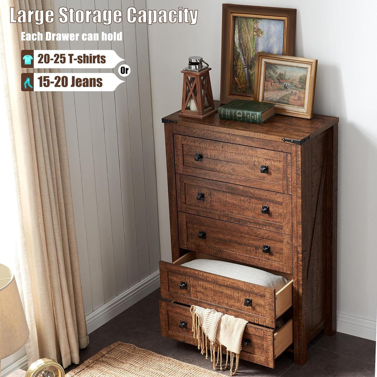 OKD 5 Drawers Dresser Chests for Bedroom Farmhouse, Wood Rustic Tall Chest of Drawers, Brown