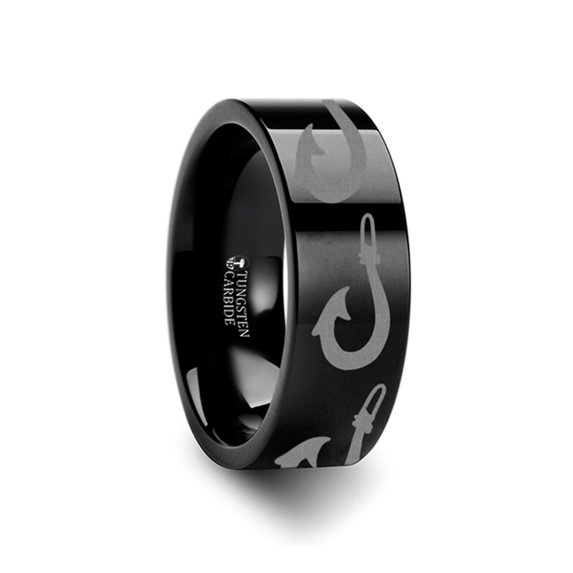 Large Polynesian Fishing Hook Pattern Ring Engraved Flat Black Tungsten Ring - 4mm - 12mm