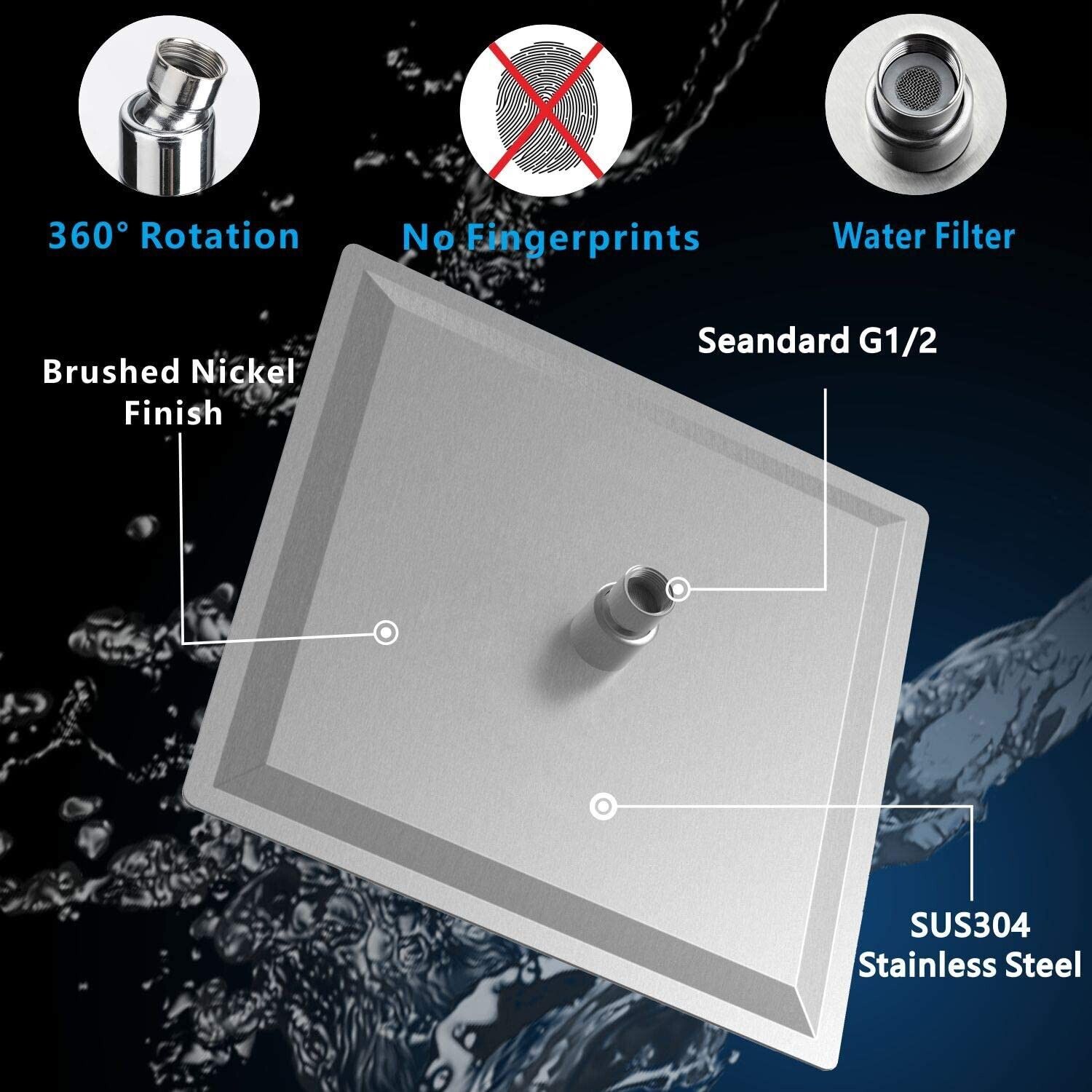 16 inch Rain Shower Head Wall/Ceil Mounted Square Rainfall High pressure Shower