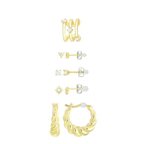 Believe by Brilliance Women's Four Pair Earring Set with Cuff in 14KT Gold Flash Plated Brass