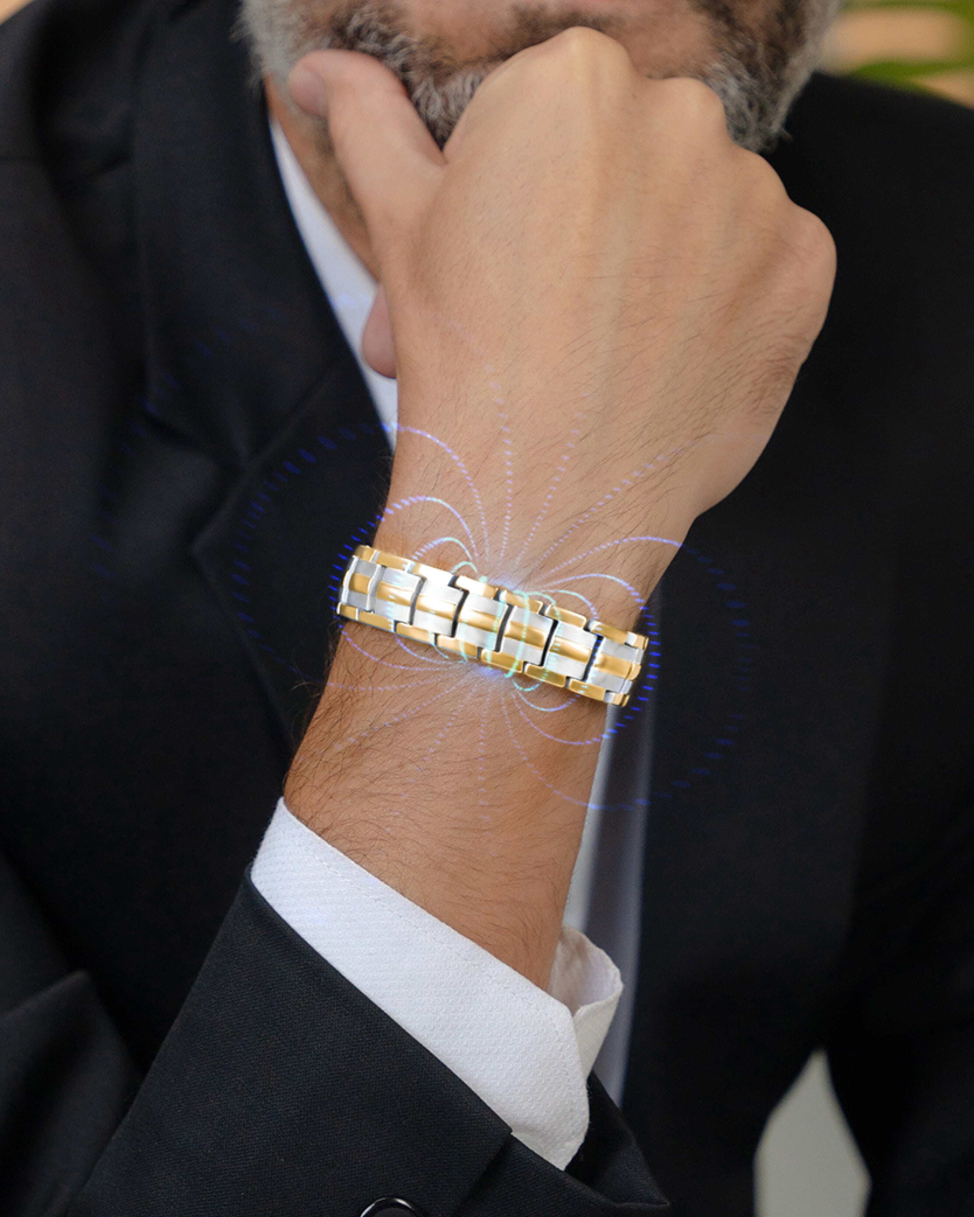 MagnetRX Bracelets for Men — EllipseMAX Designed in USA & Patent Pending — Premium Titanium Mens Bracelet & Adjustable Length (Silver/Gold)