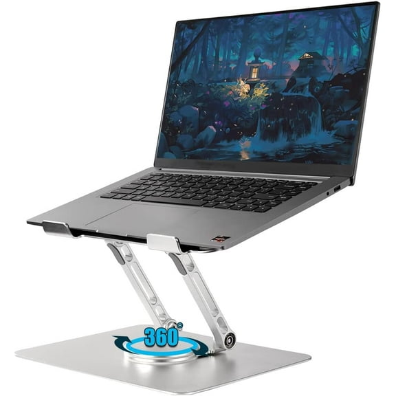 AUBEAMTO Adjustable Laptop Stand with 360° Rotating Heavy Base, Ergonomic Laptop Riser for Desk, Stable Laptop Holder for Collaborative Working, Suit for 10-15.6" PC Computer, Dual Shaft, Silver