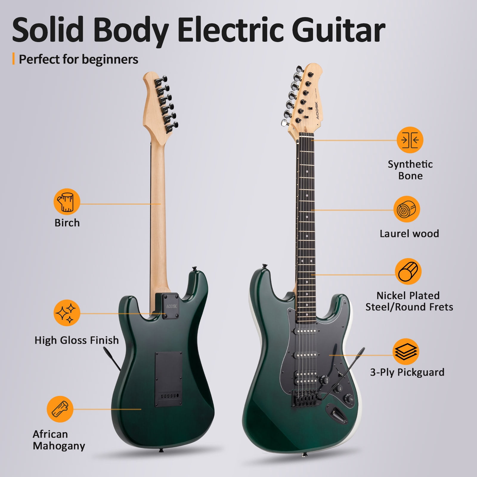 AODSK 39" Full-Size Electric Guitar Starter Kit, HSS Pickups, Guitar with Amp & All Accessories for Beginners