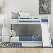 EUROCO Wood Twin over Twin Bunk Bed with Slide and Staircase, Low Profile Bunk Bed with Storage for Kids Teens