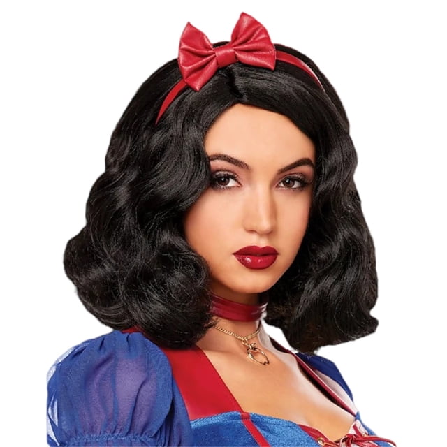 Peluca para cosplay blanca como la nieve, corta y rizada, con diadema con lazo rojo