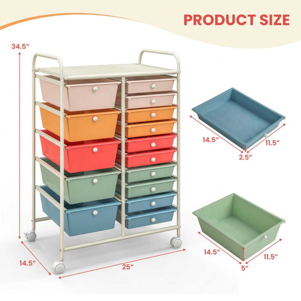 Spaco 15-Drawer Utility Rolling Organizer Cart Multi-Use Storage-Deep Multicolor, Craft Organizers and Storage, Multipurpose Organizer Cart for Home, Office, School