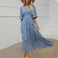 thumbnail image 2 of Lovskoo 2024 Women's Summer Maxi Dress Casual Boho Floral V Neck Puff Short Sleeve High Split Beach Long Dresses Blue XL, 2 of 9