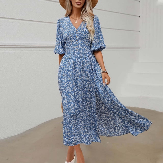 Robes pour Femmes Robe d'Été Confortable Aguichant Mode Imprimée à Manches Courtes Col en V