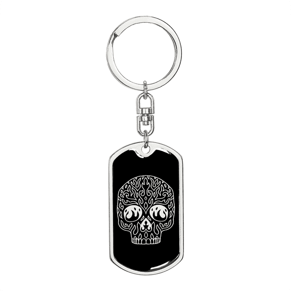 Calavera Mexican Sugar Skull 35 Stainless Steel or 18k Gold Premium Swivel Dog Tag Keychain