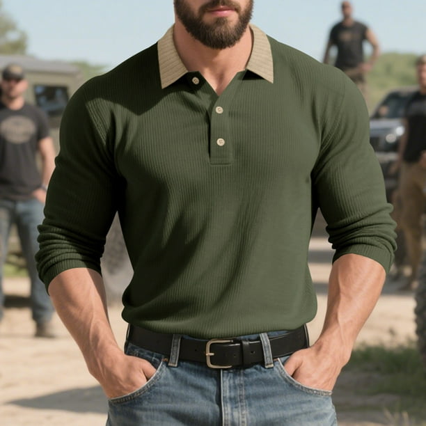 pstuiky Camisas casuales de manga larga para hombre, Blusa/camisa de lana con botones, cuello vuelto y manga larga de color liso para hombre camisetas de hombre l