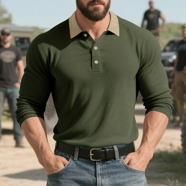pstuiky Camisas casuales de manga larga para hombre, Blusa/camisa de lana con botones, cuello vuelto y manga larga de color liso para hombre tops de invierno para hombre m