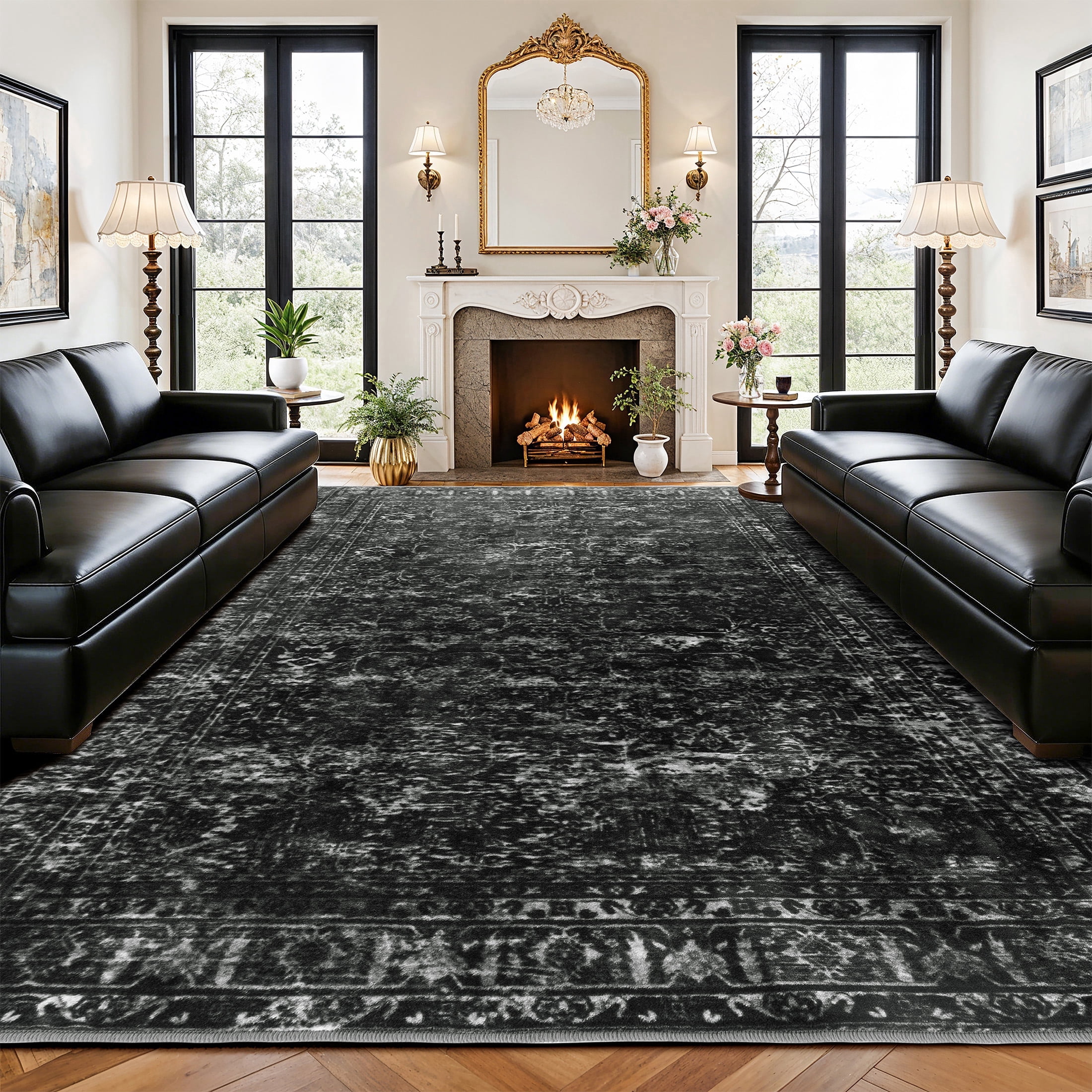 SORONO KATE 8'x10' Floral Area Rugs for Living Room, Machine Washable Oriental Vintage Distressed Non Slip Soft Indoor Area Carpet, Black