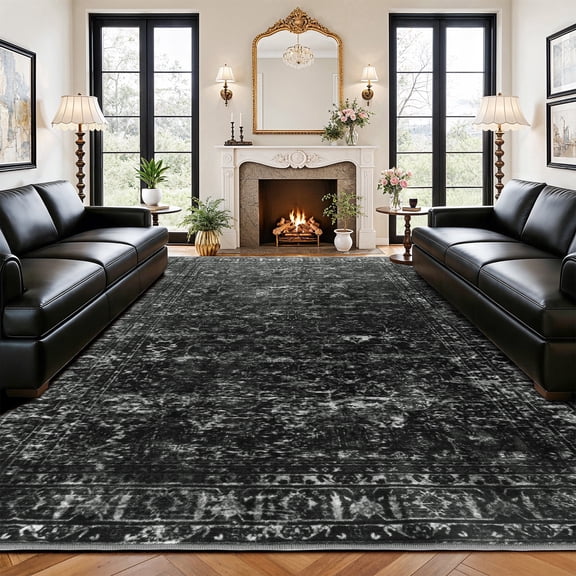 SORONO KATE 8'x10' Floral Area Rugs for Living Room, Machine Washable Oriental Vintage Distressed Non Slip Soft Indoor Area Carpet, Black