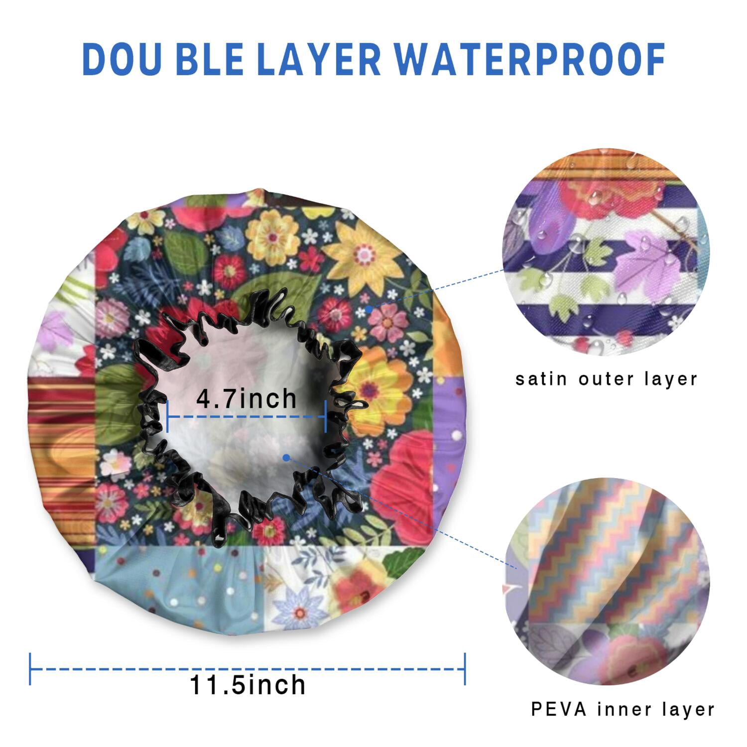 Shower Caps,Pioneer Flower Floral Print Pattern Waterproof Shower Cap for Women 4 Pieces,Double Reusable Hair Cover for Shower PEVA Elastic Stretch Hem