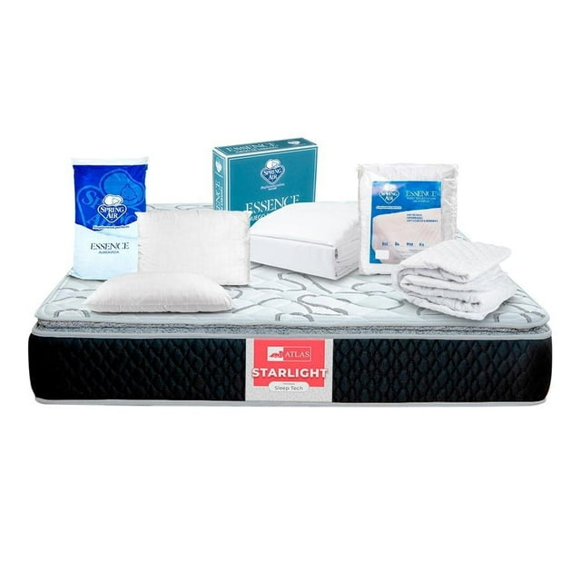 Colchón Individual Atlas del Descanso Starlight mas Almohadas Spring Air mas Protector y Sábanas