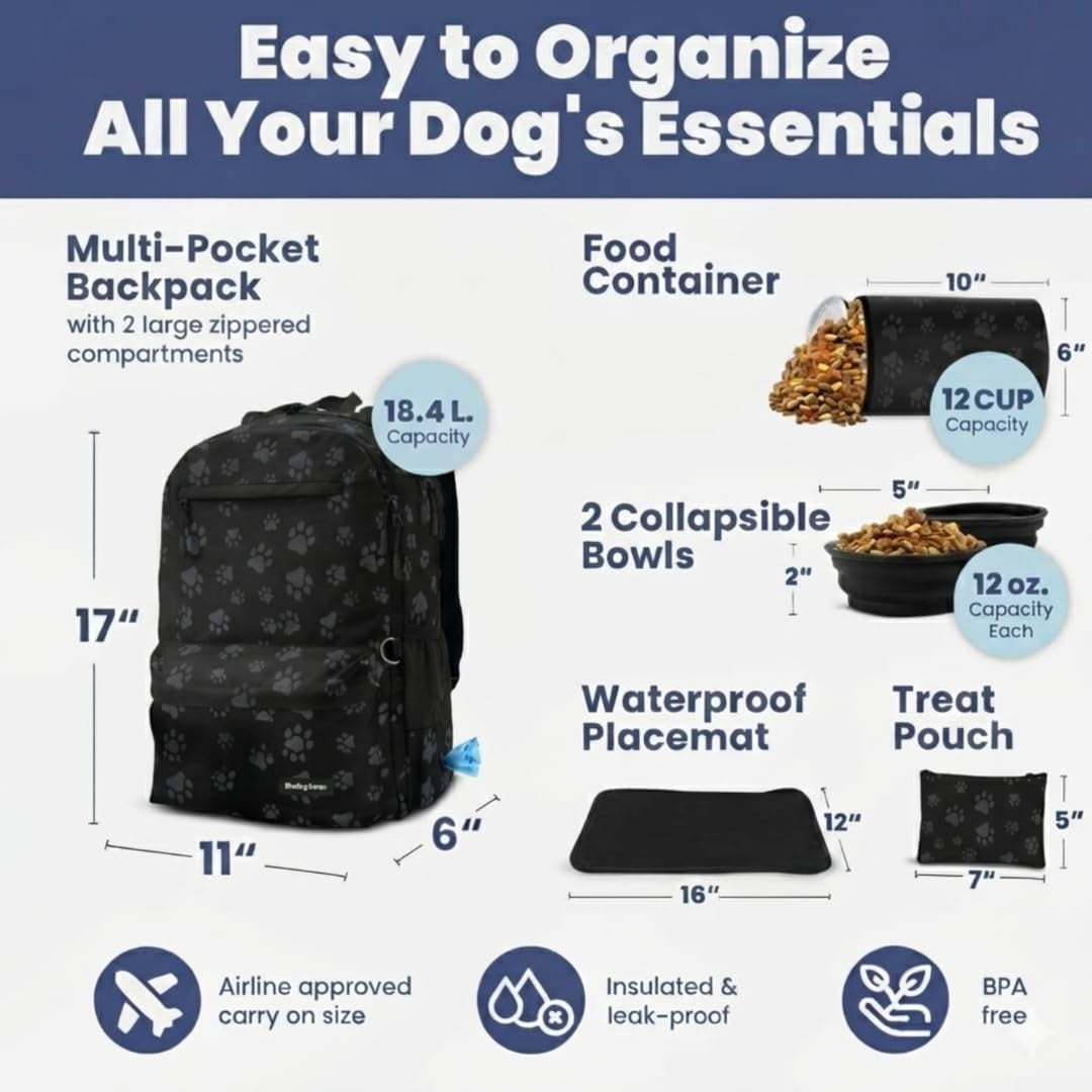 Dog Travel Bag for Supplies - Backpack with 2 Collapsible Dog Bowls, Food Bag, Treat Pouch: Black Paw Print