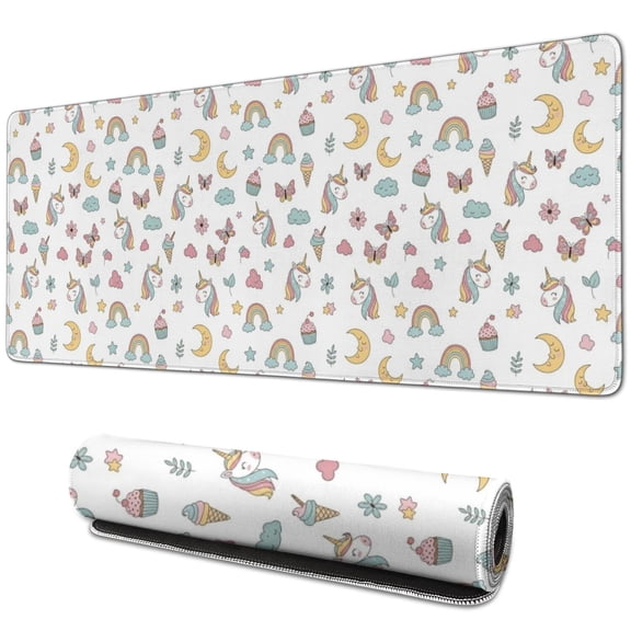 Long Mouse Pads for Desk,White Cartoon Unicorn Rainbow Moon Butterfly Desk Mats on Top Of Desks, Desk Mouse Pad Extra Large with 3mm Non-Slip Base and Stitched Edge for Gaming,Work,Home 31.5"x11.8"