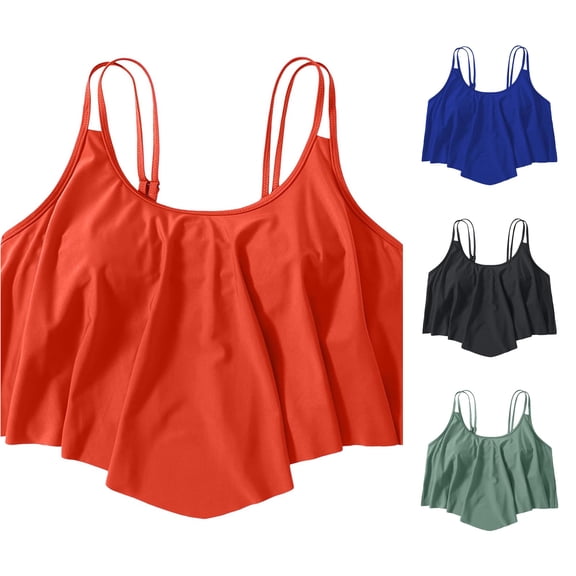 Rhuody Tops For Women Solid Color Bikini Tops Full Coverage Tankini Top Double Layer Swim Bras Flounce Bathing Suit Trend Wear 4Xl Orange