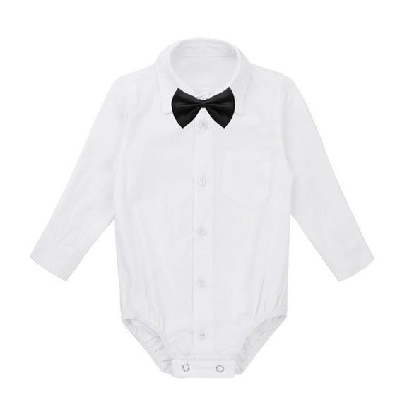 Hansber Infant Baby Boys Short/Long Sleeve Formal Dress Shirt Romper with Bowtie Wedding Birthday White&Black 12