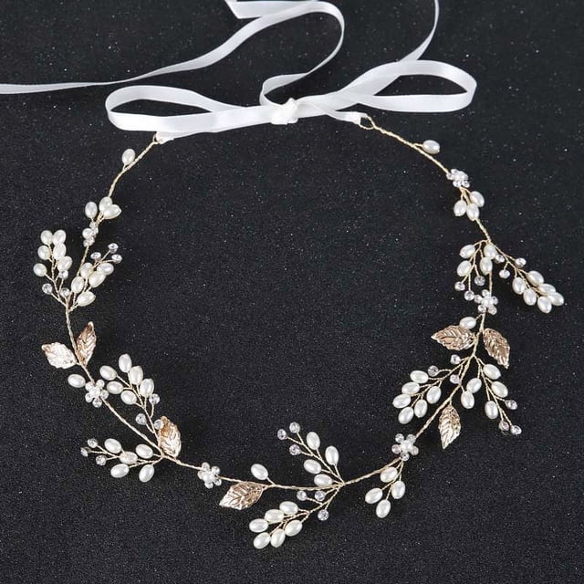 Mode Feuille d'Or Mariée Mariée Mariée Cheveux Tête Bling Strass Épingles à Cheveux avec Coiffe de Perle Blanche Bandeau Ensemble