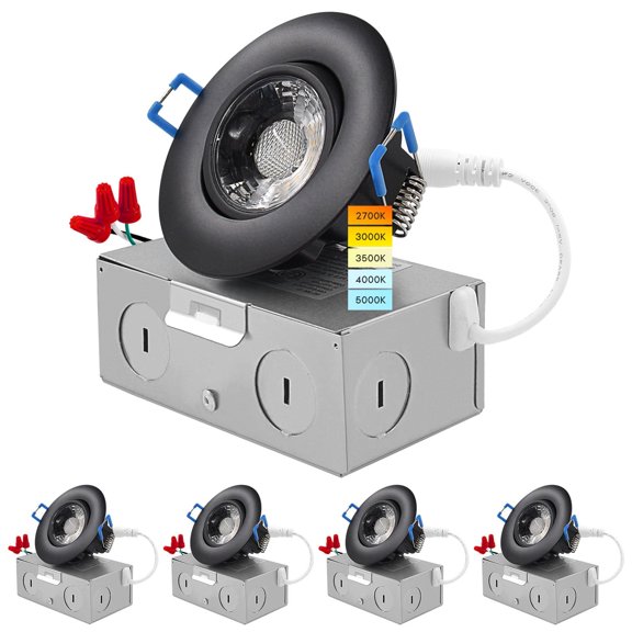 Luxrite 3 Inch Gimbal LED Recessed Light, 5CCT Options 2700K-5000K, Dimmable, 600 Lumens, 8W, Damp Rated, Black 4 Pack