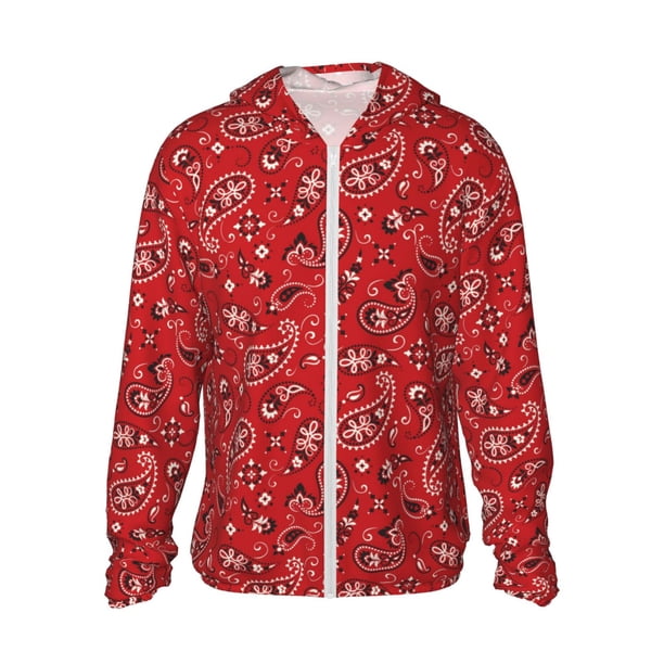 Fotbe Red Paisley Floral Chaqueta con Protección Solar UPF 50+ para Hombre y Mujer, Camisa con Capucha y Bolsillos-Small