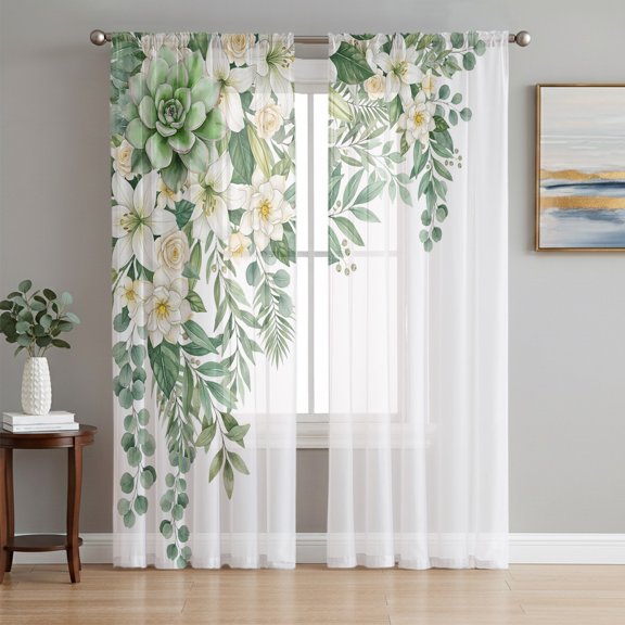White Lilies Sheer Curtains 96 Inch Length 2 Panels Set, Succulents Green Leaf Rustic Botanical Voile Window Treatment Semi Sheer Long Curtains Drapes for Bedroom/Living Room/Kitchen 52"x96"x2