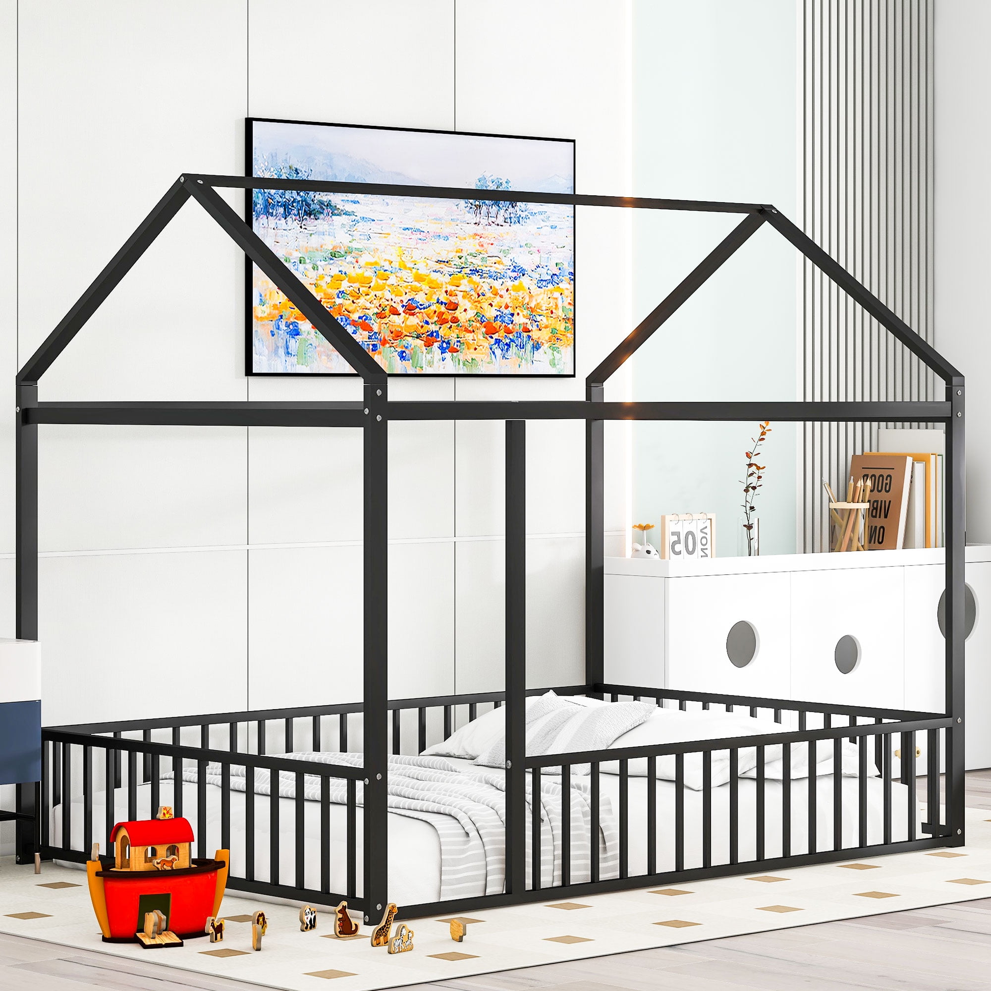 Gewnee Full Size Metal House Bed frame with Fence,Montessori Floor Bed for Toddler and Kids,Black