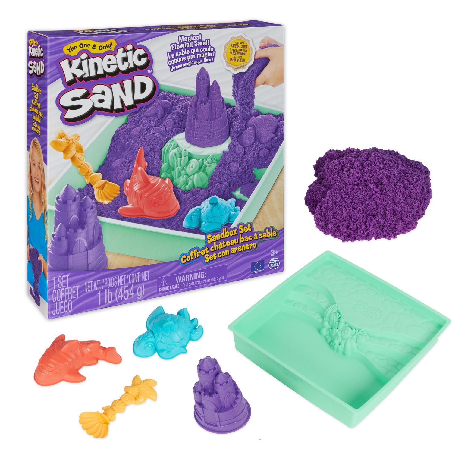 Kinetic Sand Sandbox Set, 1lb Purple Play Sand, Sandbox Storage, 4 Molds and Tools, Sensory Toys for Kids Ages 3+