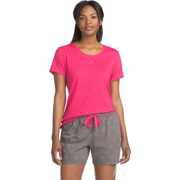 Hanes Hanes Womens Knit Tee/Shorts Sleep Set, XL, Bright Rose/Charcoal