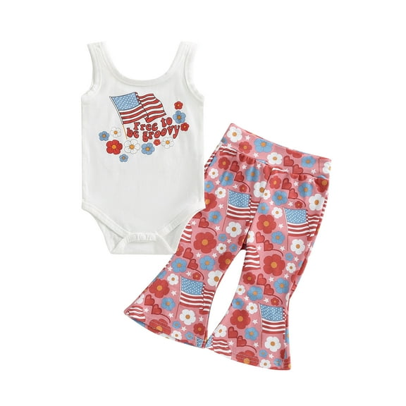 Wassery Baby Girls Pants Set 6 12 18 24 Months Infant Girls 4th of July Outfits Sleeveless Letters Print Romper with Flower Flag Print Flare Pants 2Pcs Summer Independence Day Clothes 0-24M