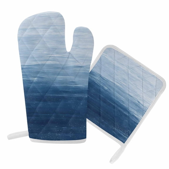 Oven Mitts and Pot Holder Set for Kitchen, Blue Beach Ocean Kitchen Oven Gloves Heat Resistance Non-Slip Surface Potholders Ombre Abstract Oil Painting Hot Pads Sets for Cooking Baking Grilling BBQ