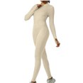 thumbnail image 1 of Bowake Women's Long Sleeve Zip Front Sport Jumpsuit, Ribbed, Khaki, One Piece, 1 of 4
