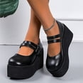 thumbnail image 2 of Womens Platform Chunky Mary Janes Dress Shoes Black Leather Vintage 2 Buckle Straps Height Increasing Heel Ballet Flats, 2 of 7