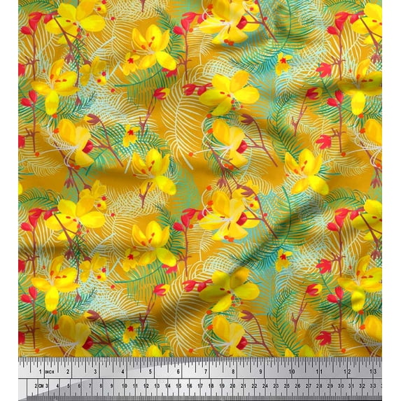 Soimoi Rayon Fabric Leaves & Floral Artistic Printed Fabric 1 Yard 56 Inch Wide