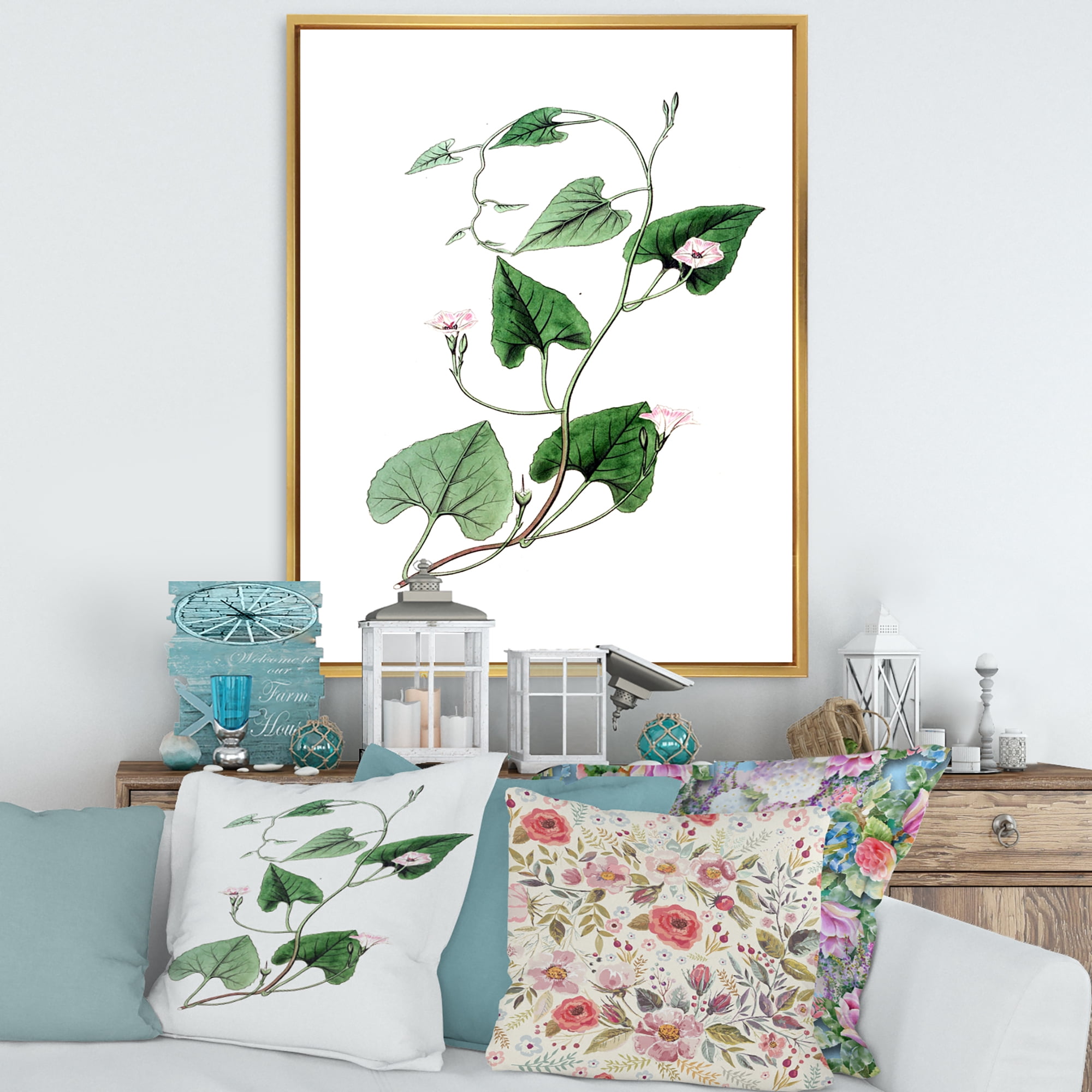Designart 'Ancient Green Leaves Plants IX' Traditional Framed Canvas Wall Art Print