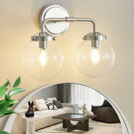 Deyidn 2 Light Nickel Bathroom Vanity Light with Clear Globe Glass Shade Modern Bathroom Wall E12 Bulb