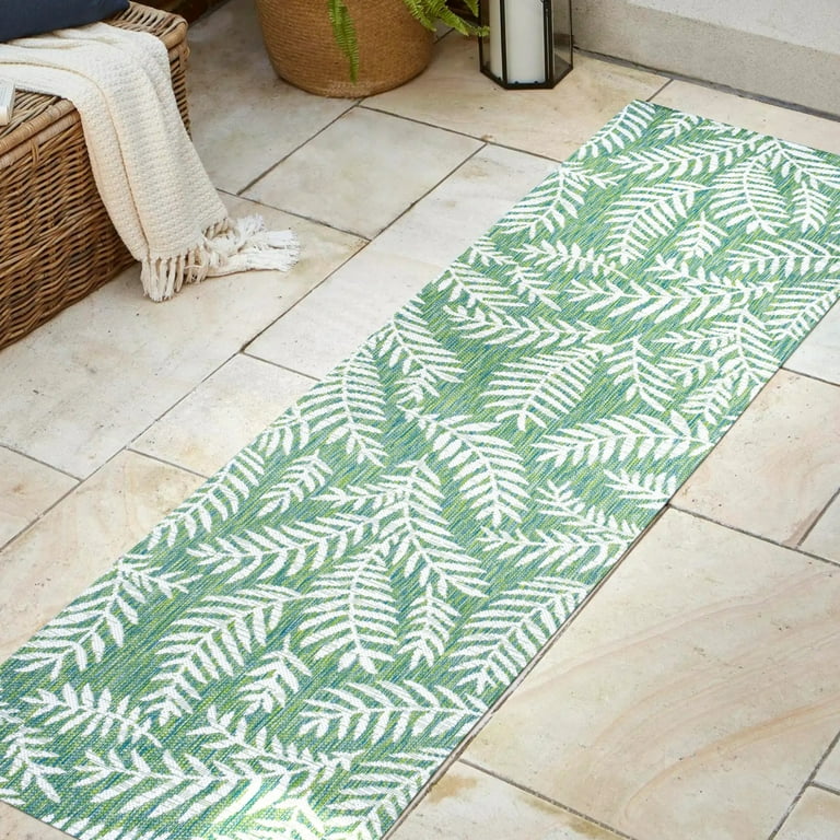 2' X 8' Ivory Green and Orange Palm Leaf Stain Resistant Indoor Outdoor Runner Rug 2' X 8' Ivory Green and Orange Palm Leaf Stain Resistant Indoor Outdoor Runner Rug